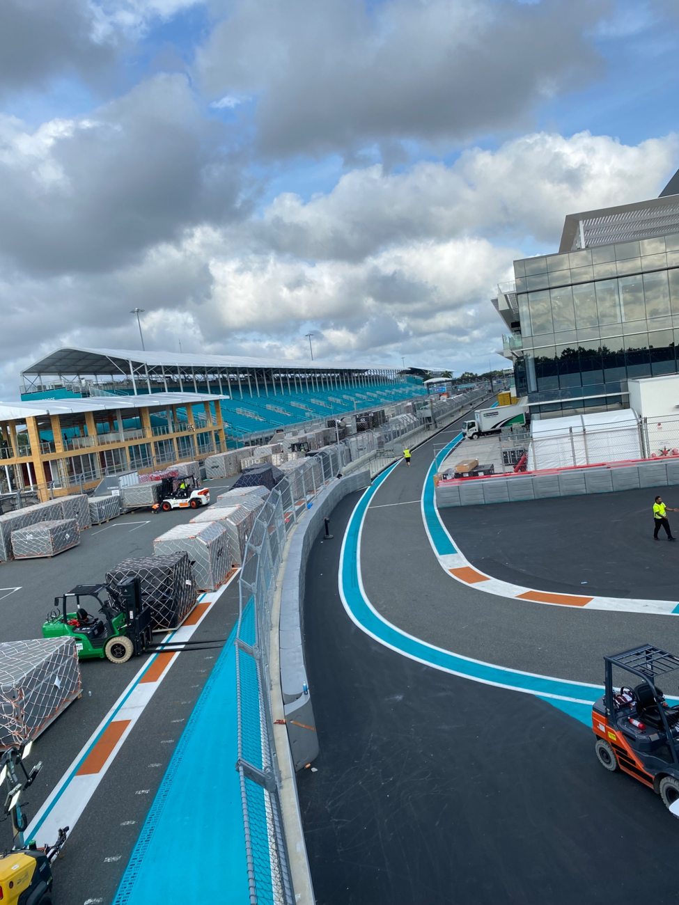 Motorsport production track and forklifts